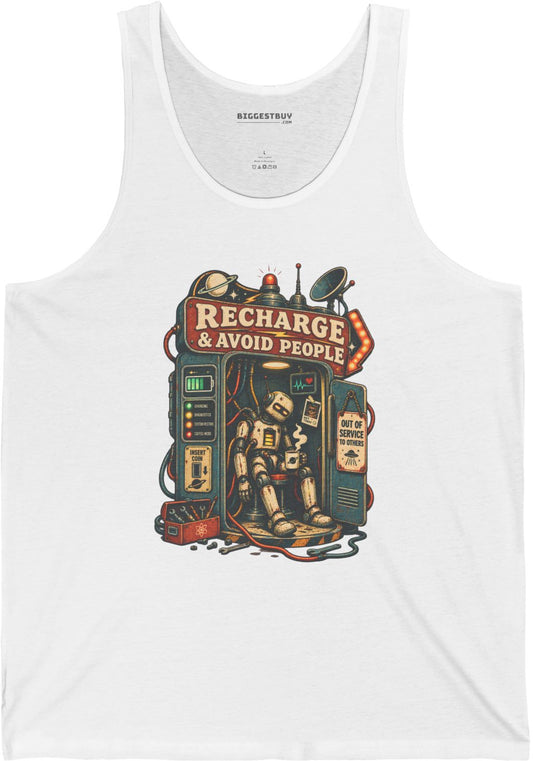 Social Recharge - Jersey Tank Top in White, front view