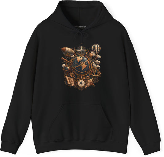 Steampunk Globe - Pullover Hoodie in Black, front view