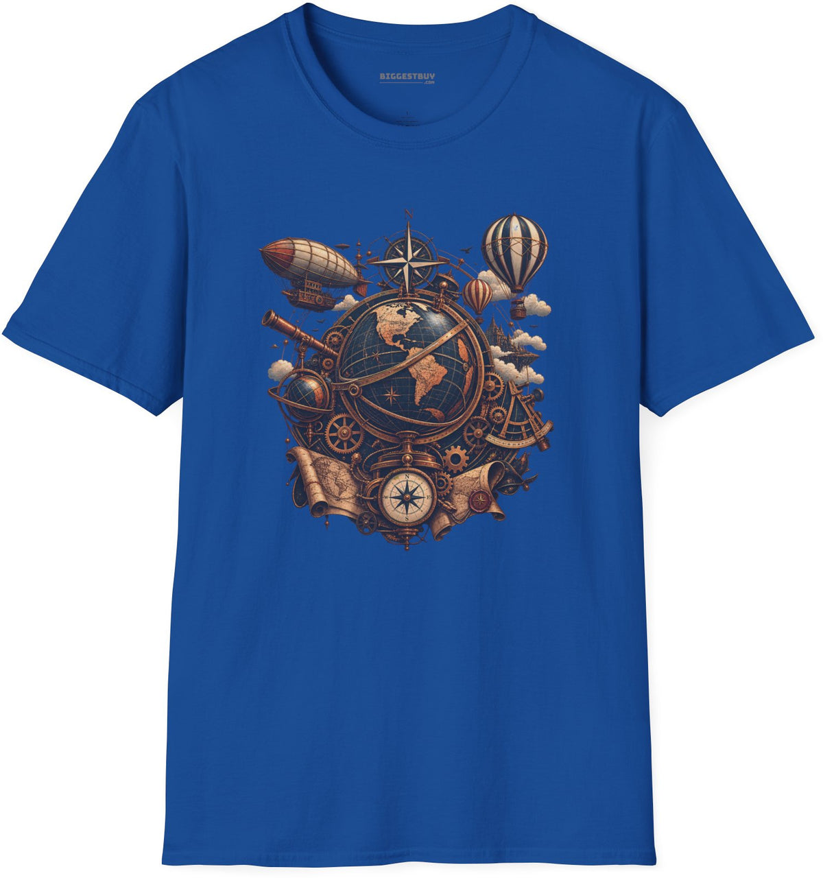 Steampunk Globe - Softstyle T-Shirt in Royal, front view