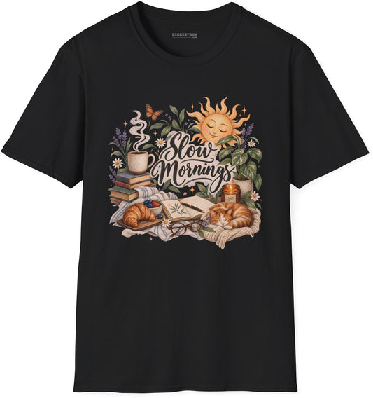 Sunrise Snuggles - Softstyle T-Shirt in Black, front view