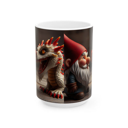 Taza | Cerámica | Blanca | Fantasía Mitológica | Gnomo y Dragón