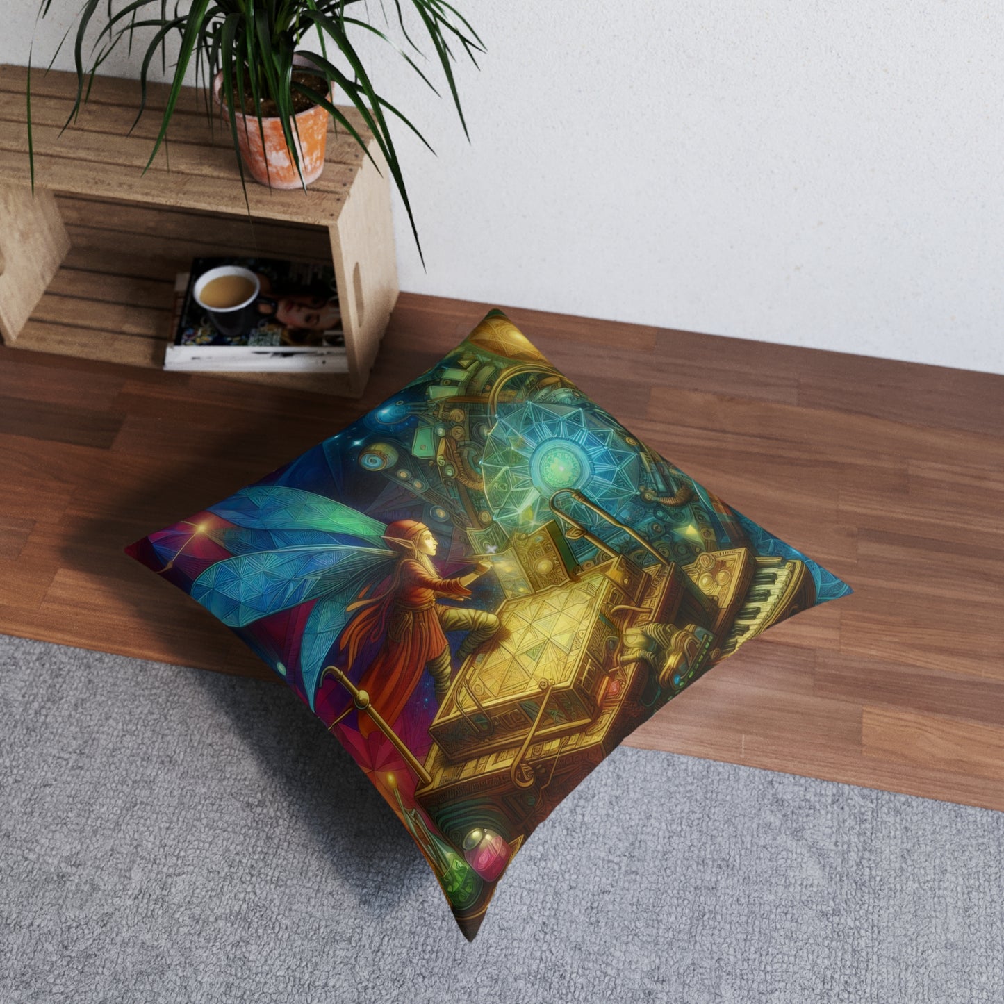 Almohada | Cojín de suelo | Con mechones | Cuadrado | Fantasía Elemental | Hada Geométrica
