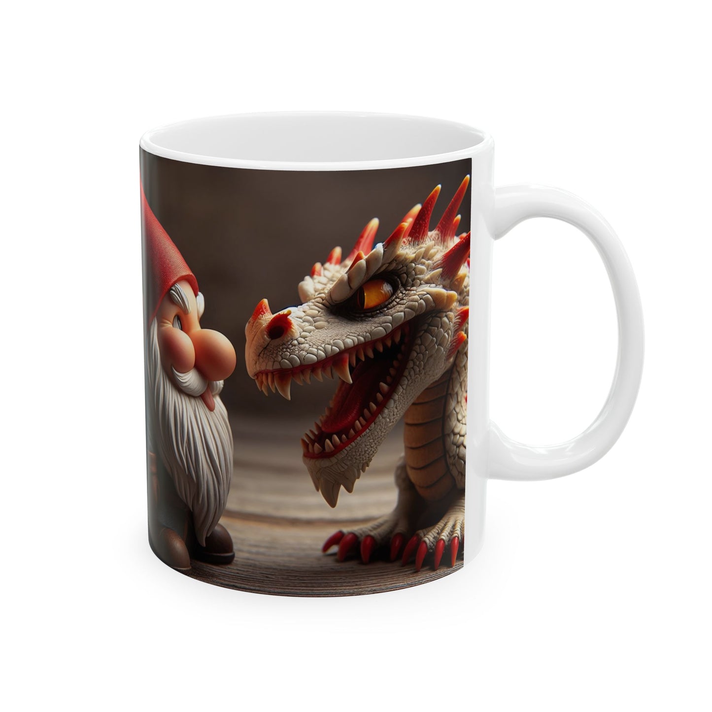 Taza | Cerámica | Blanca | Fantasía Mitológica | Gnomo y Dragón