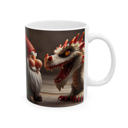 Taza | Cerámica | Blanca | Fantasía Mitológica | Gnomo y Dragón