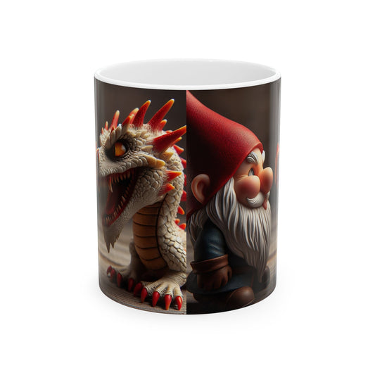 Taza | Cerámica | Blanca | Fantasía Mitológica | Gnomo y Dragón