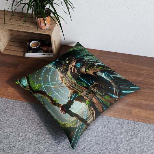 Almohada | Cojín de suelo | Con mechones | Cuadrado | Fantasía Eco-Tecnológica | Chamán del Bosque
