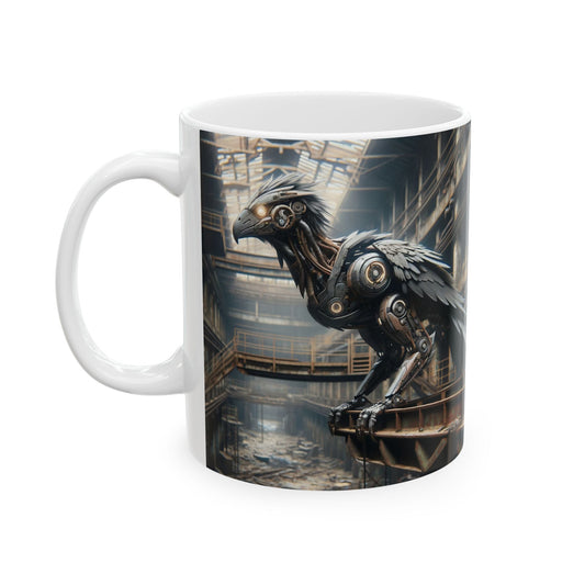 Taza | Cerámica | Blanca | Steampunk Distópico | Cuervo Mecánico