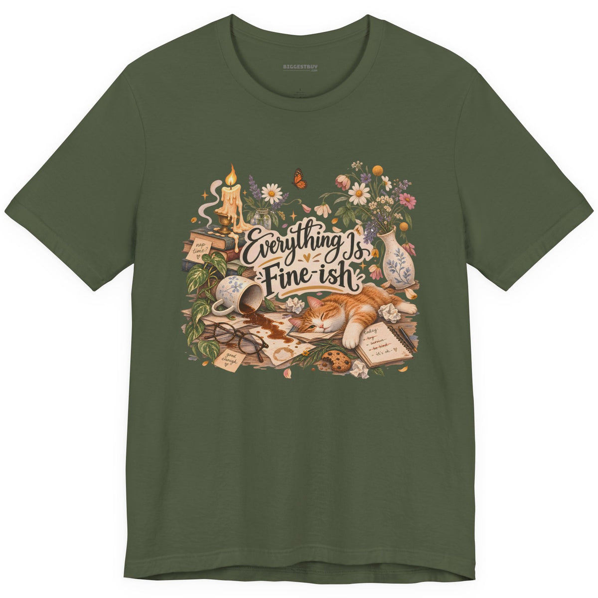 Cats Got - Classic Jersey Tee in Military Green, front view