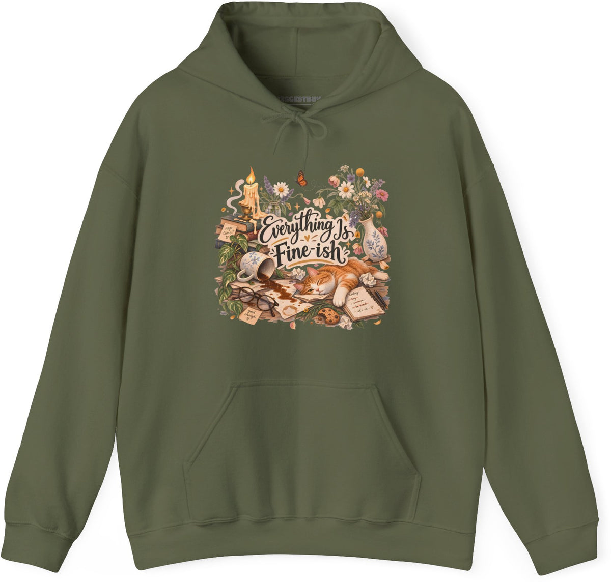 Cats Got - Pullover Hoodie in Military Green, front view