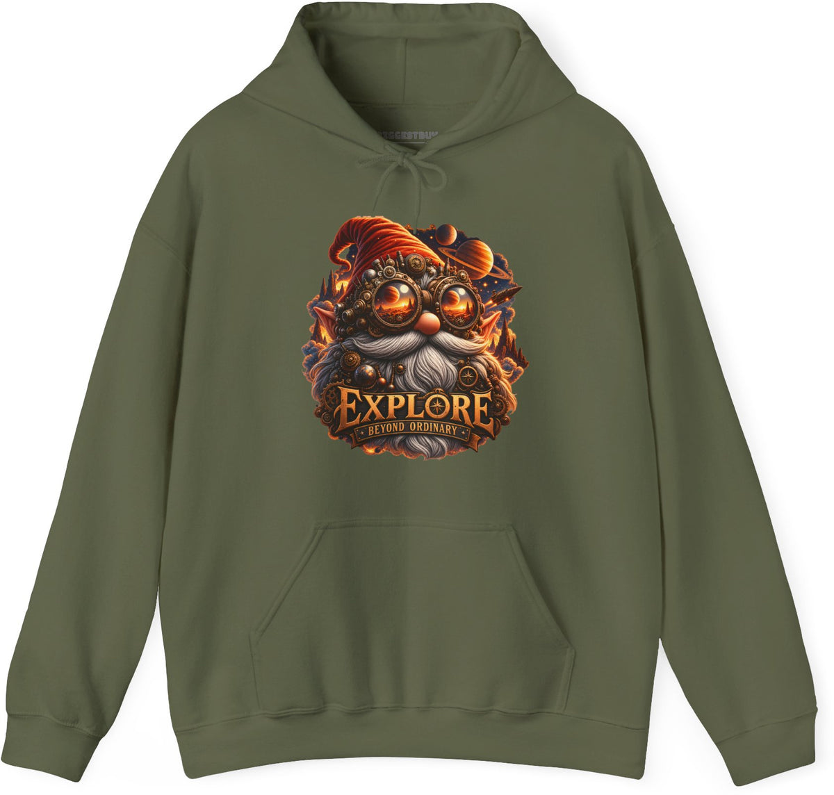 Clockwork Explorer - Pullover Hoodie in Military Green, front view