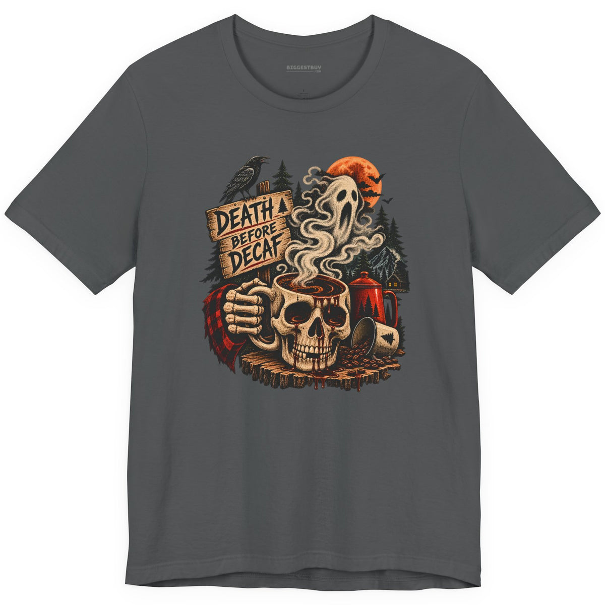 Death Decaf - Classic Jersey Tee in Asphalt, front view