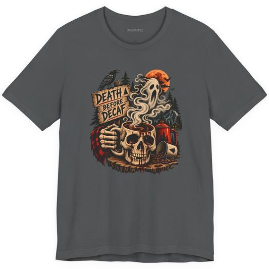 Death Decaf - Classic Jersey Tee in Asphalt, front view