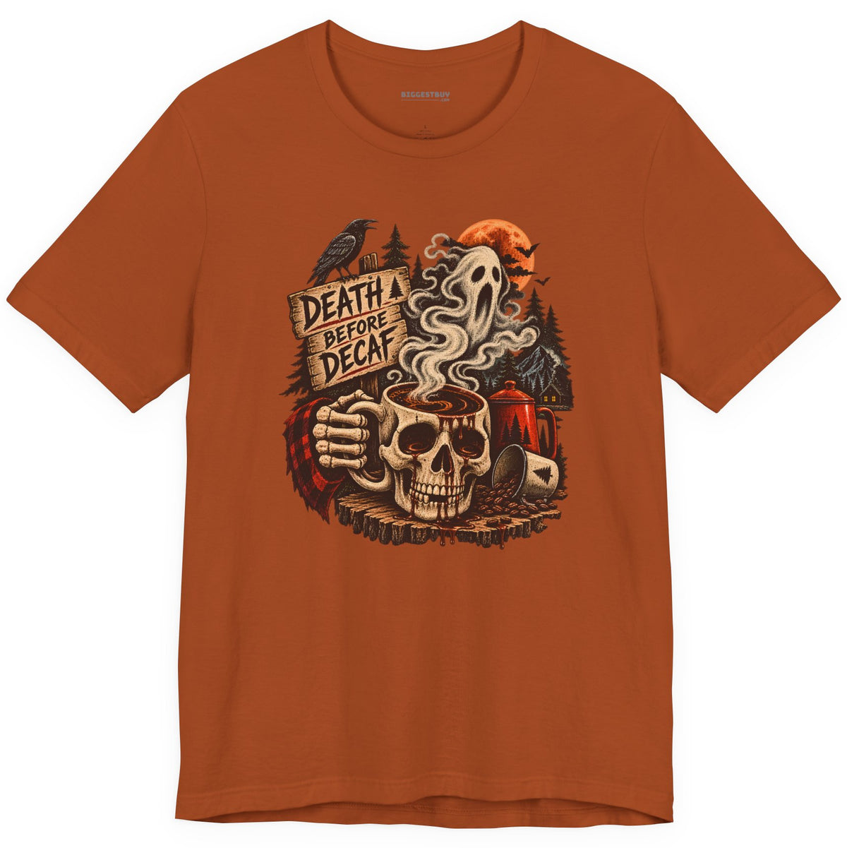 Death Decaf - Classic Jersey Tee in Autumn, front view
