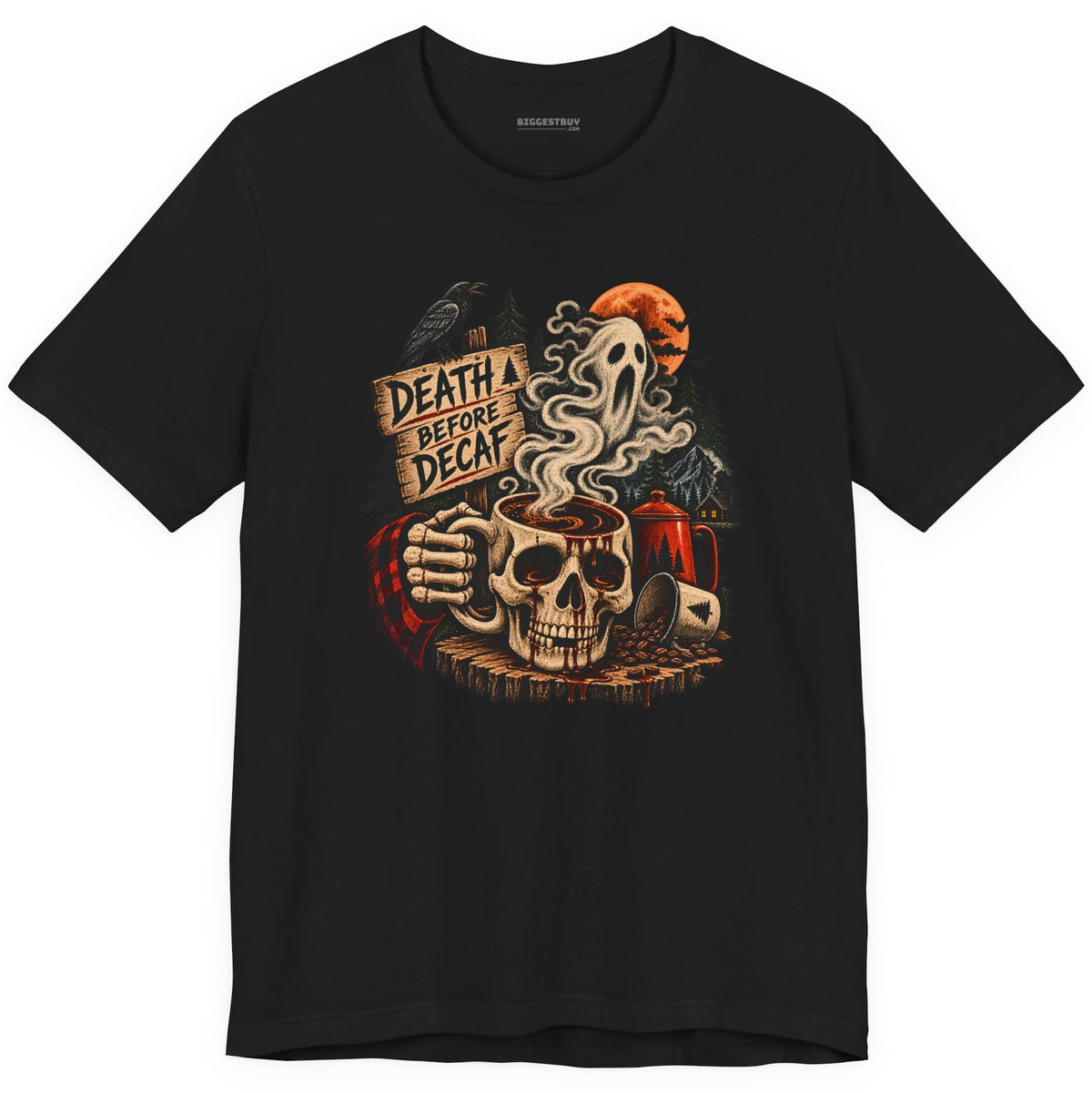 Death Decaf - Classic Jersey Tee in Black, front view