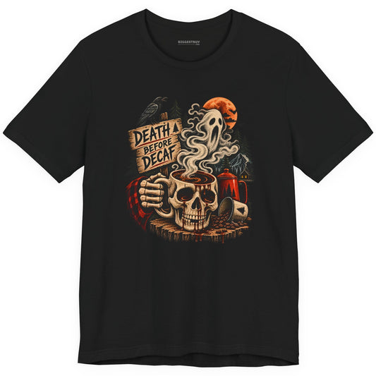 Death Decaf - Classic Jersey Tee in Black, front view