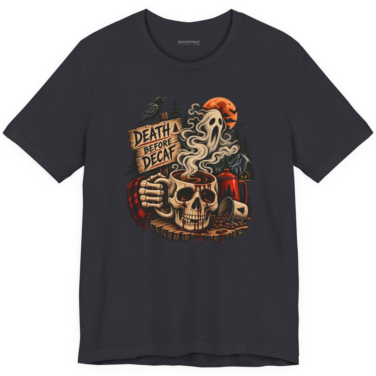 Death Decaf - Classic Jersey Tee in Dark Grey, front view