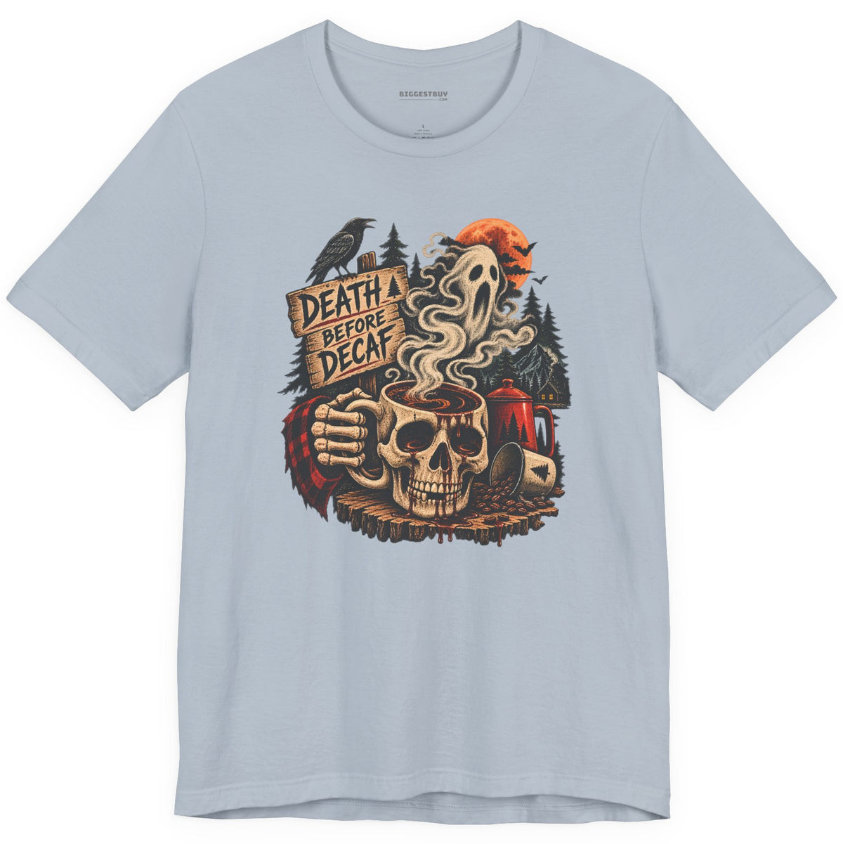 Death Decaf - Classic Jersey Tee in Light Blue, front view