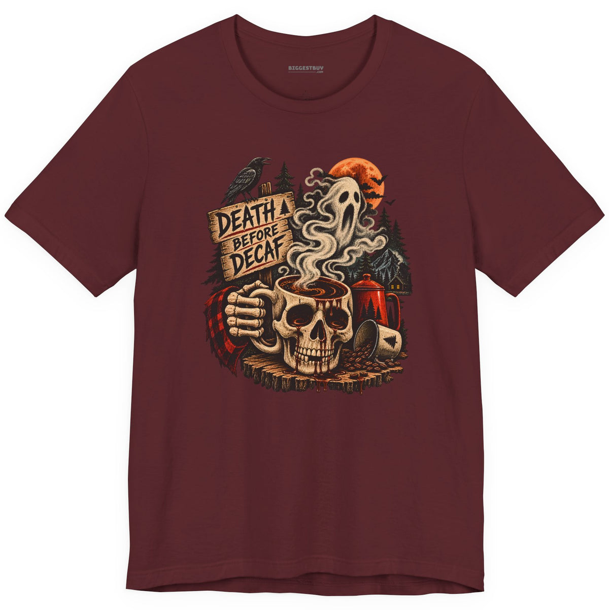 Death Decaf - Classic Jersey Tee in Maroon, front view