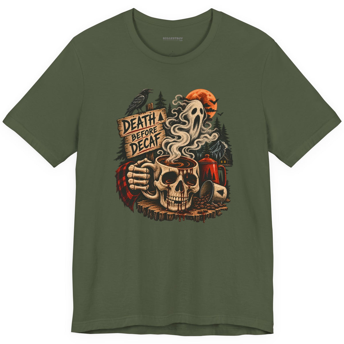 Death Decaf - Classic Jersey Tee in Military Green, front view