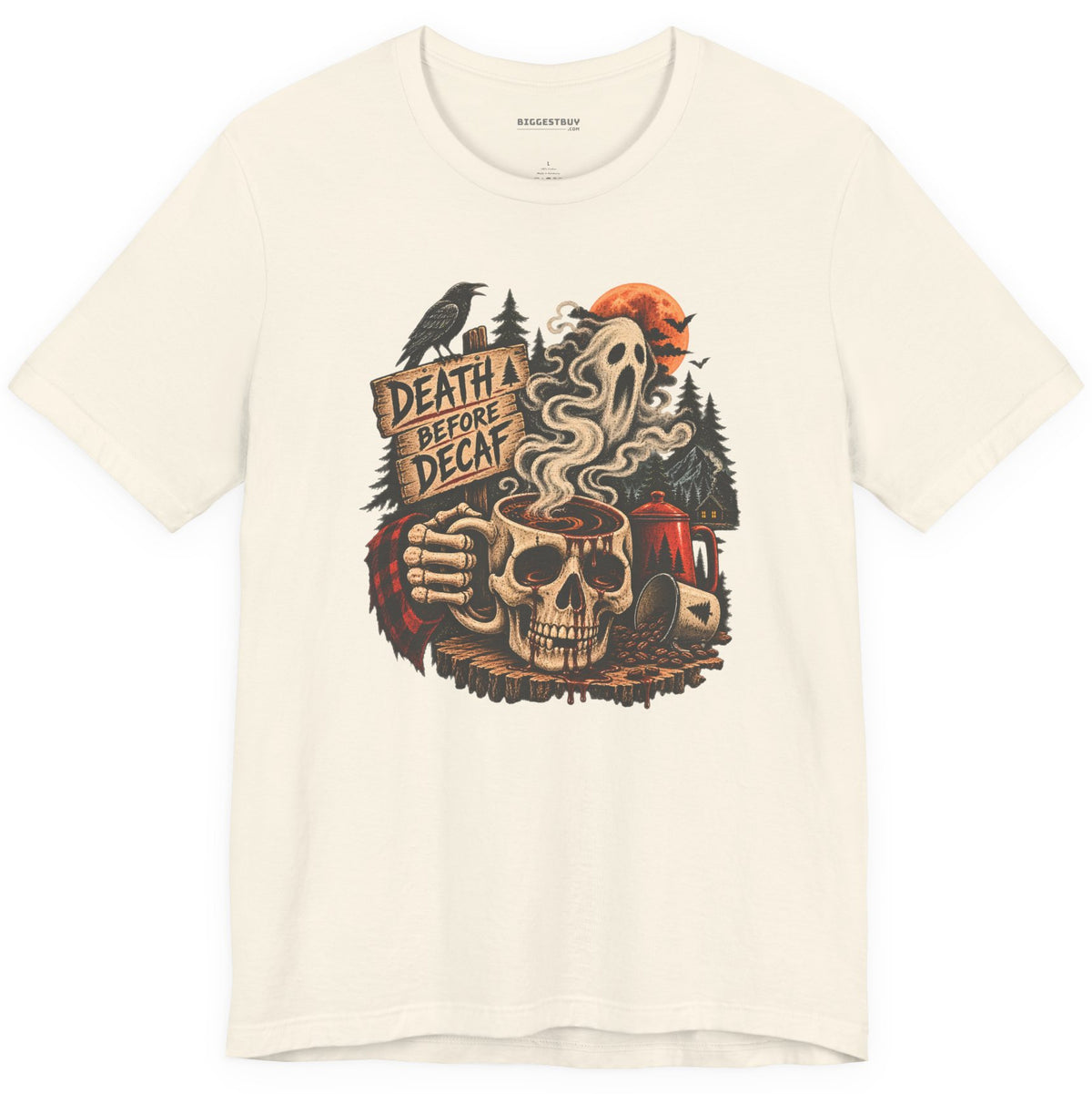 Death Decaf - Classic Jersey Tee in Natural, front view