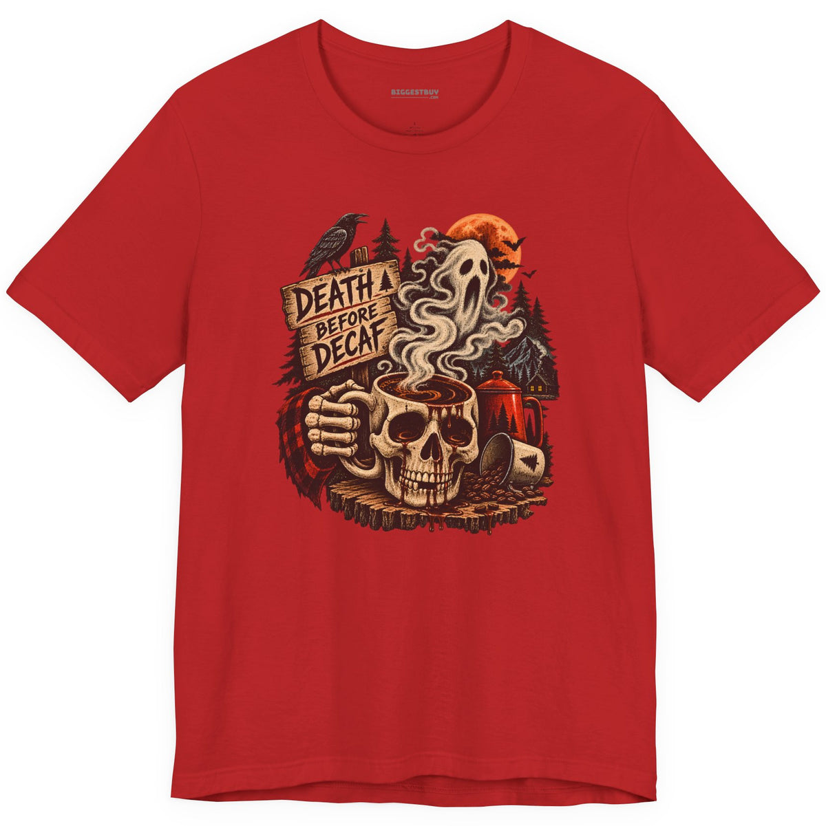 Death Decaf - Classic Jersey Tee in Red, front view