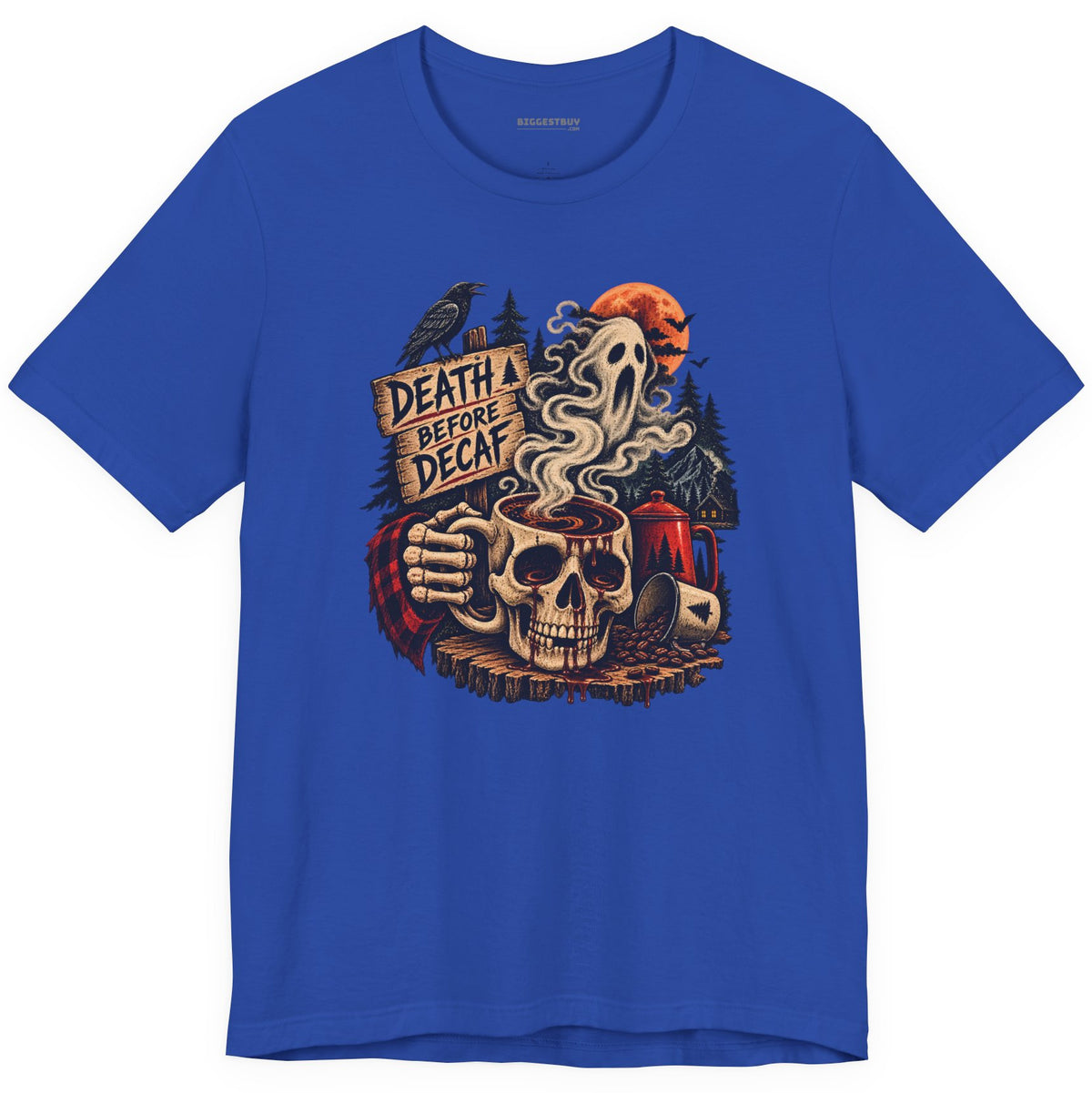 Death Decaf - Classic Jersey Tee in True Royal, front view