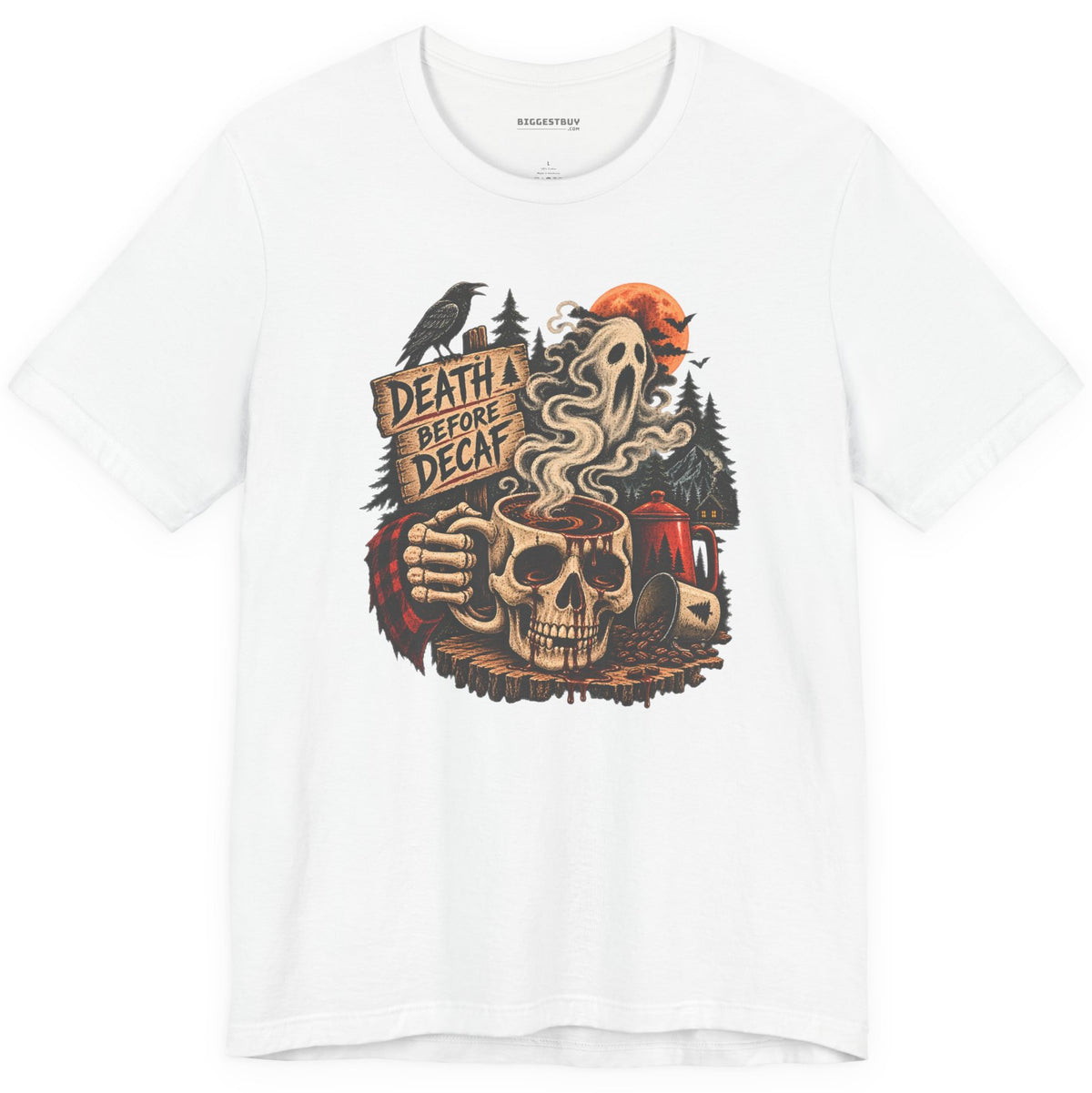 Death Decaf - Classic Jersey Tee in White, front view