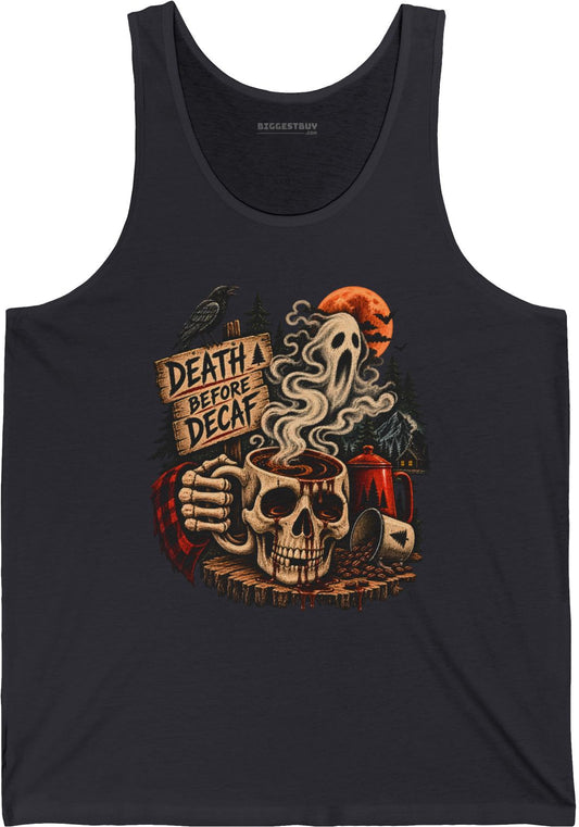 Death Decaf - Jersey Tank Top in Dark Grey, front view