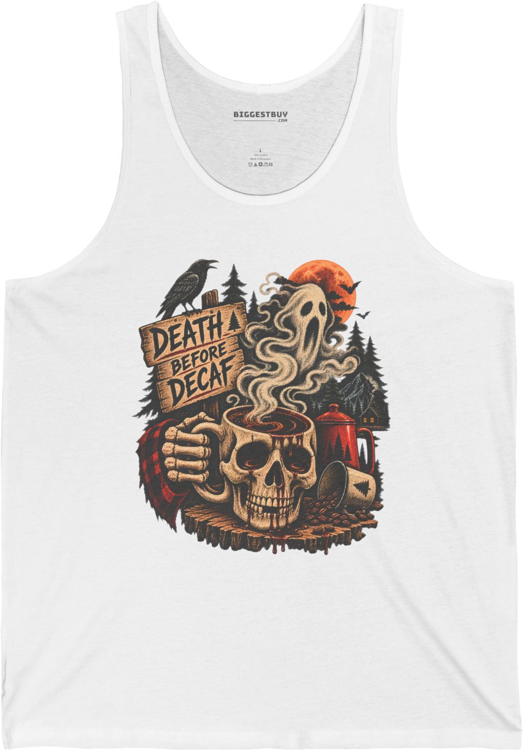 Death Decaf - Jersey Tank Top in White, front view