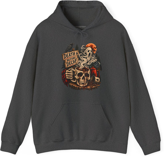Death Decaf - Pullover Hoodie in Dark Heather, front view