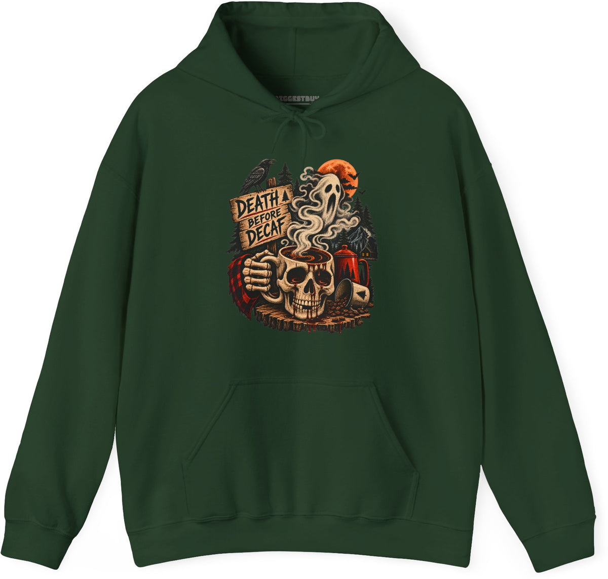 Death Decaf - Pullover Hoodie in Forest Green, front view