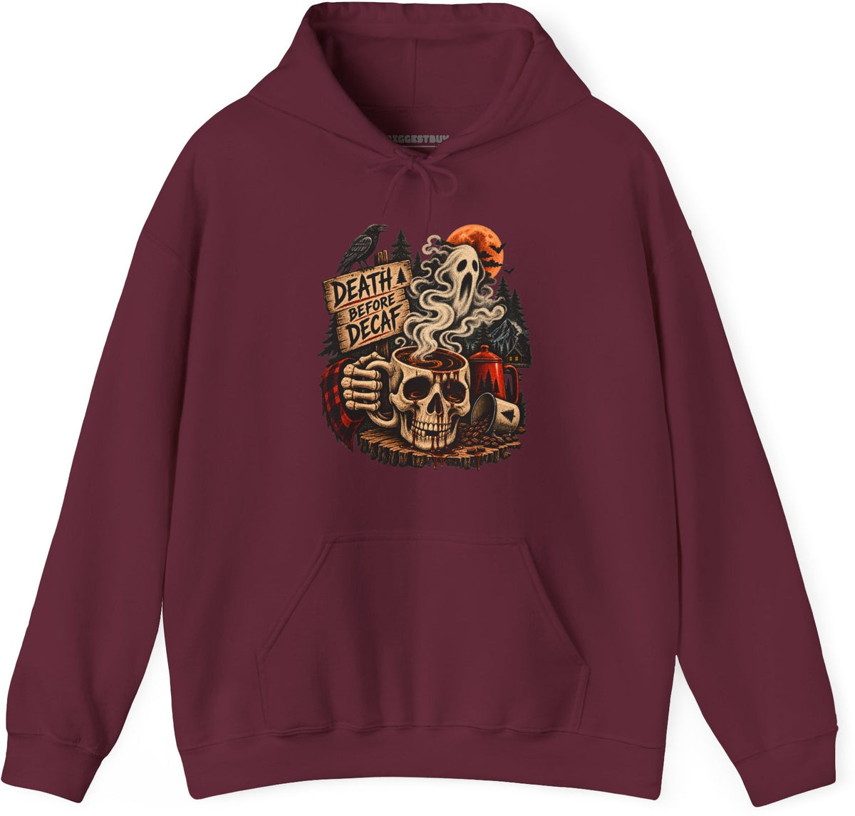 Death Decaf - Pullover Hoodie in Maroon, front view