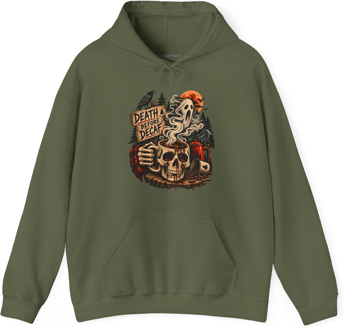 Death Decaf - Pullover Hoodie in Military Green, front view
