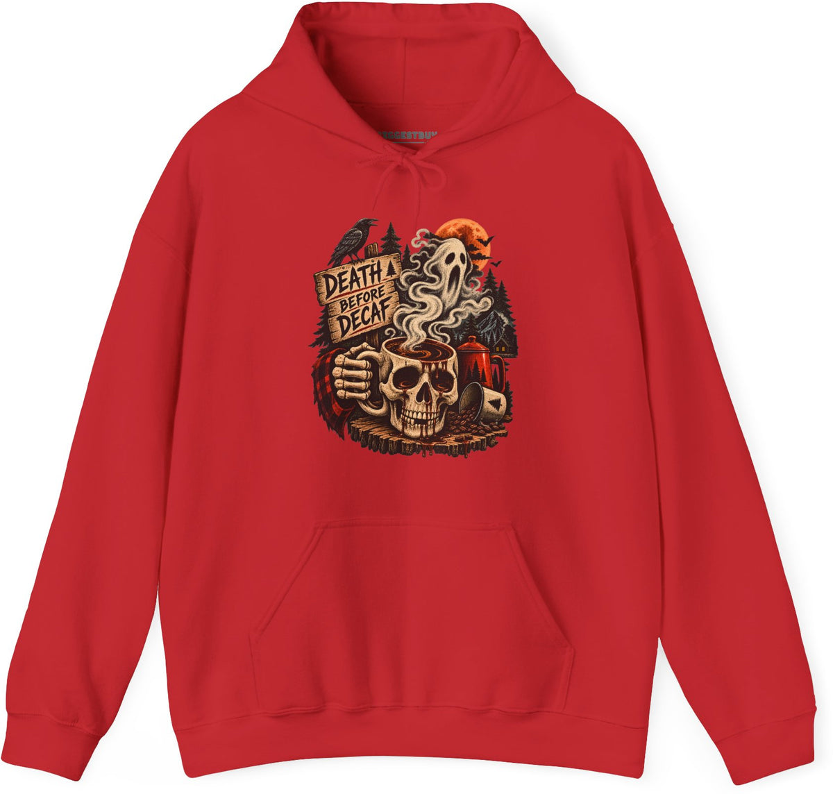 Death Decaf - Pullover Hoodie in Red, front view