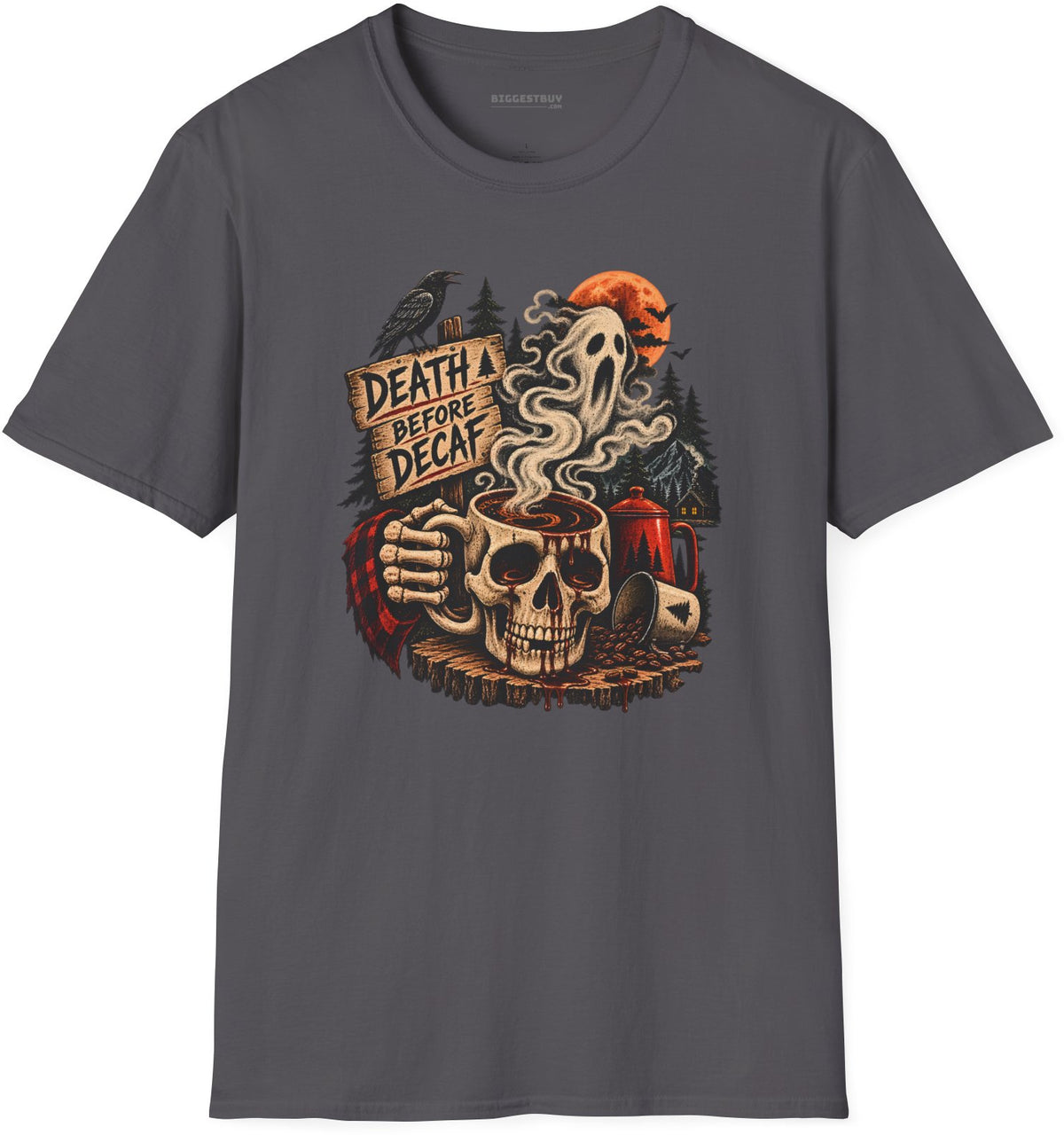Death Decaf - Softstyle T-Shirt in Charcoal, front view