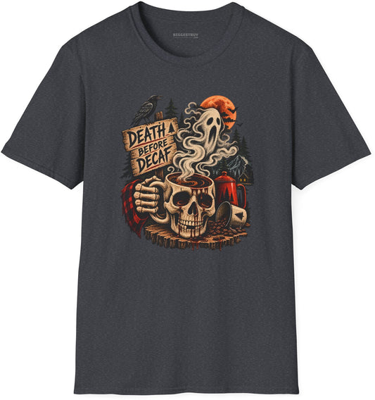 Death Decaf - Softstyle T-Shirt in Dark Heather Grey, front view