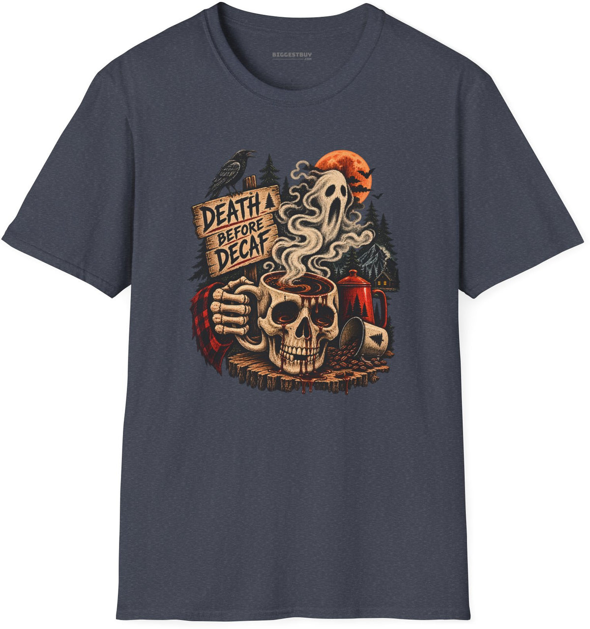Death Decaf - Softstyle T-Shirt in Heather Navy, front view