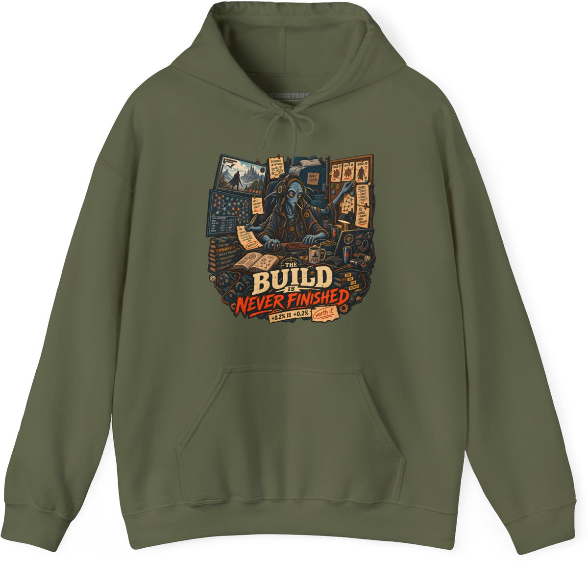 Endless Build - Pullover Hoodie in Military Green, front view