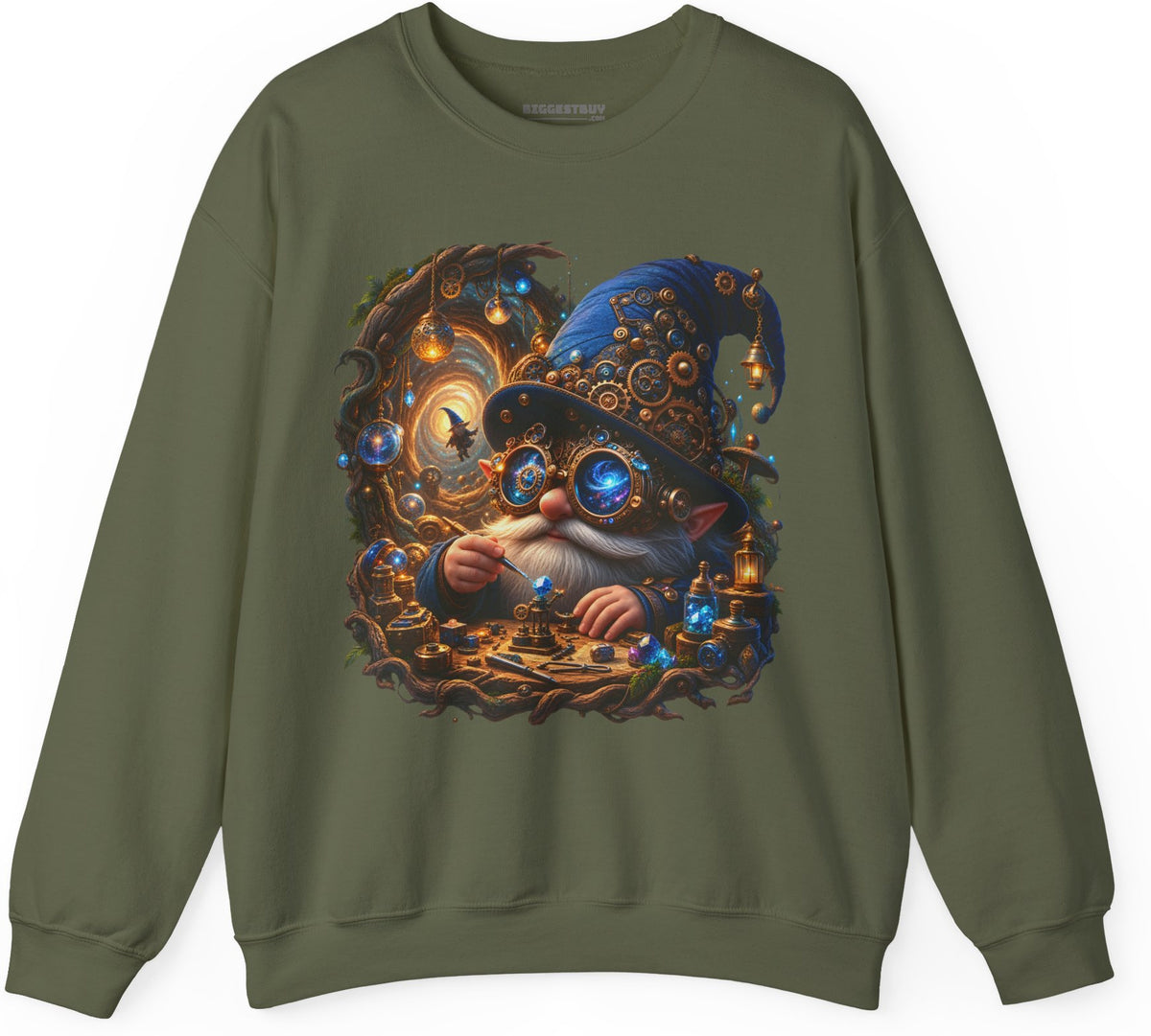 Galactic Gnome - Crewneck Sweatshirt in Military Green, front view