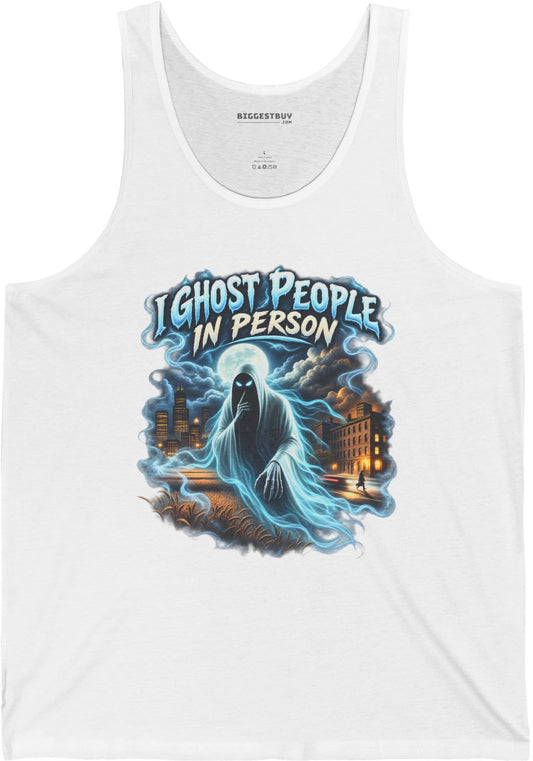 Ghosts Ahoy - Jersey Tank Top in White, front view