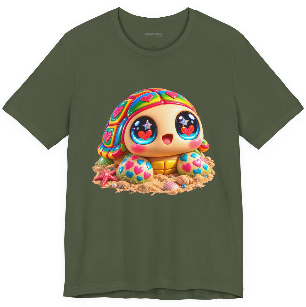 Heart-Tastic Shellie - Classic Jersey Tee in Military Green, front view