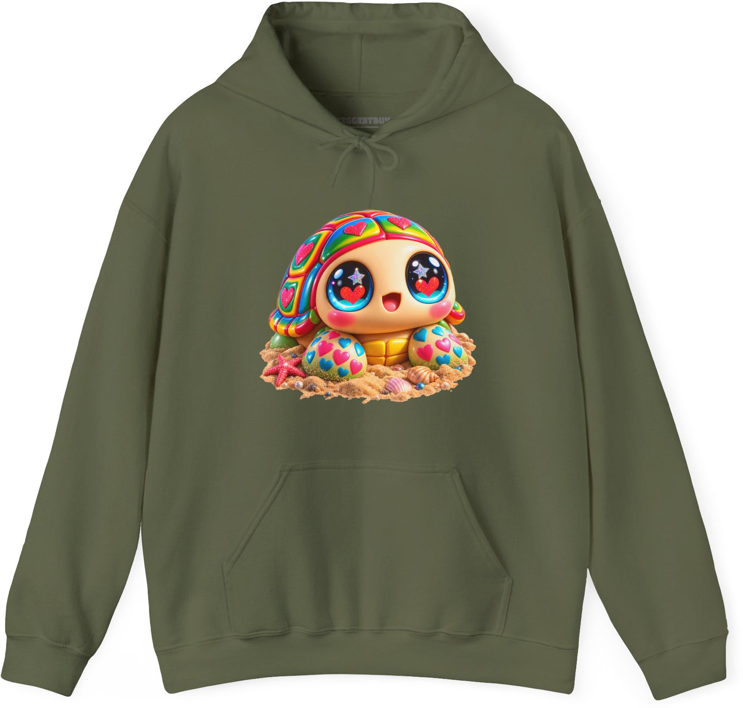 Heart-Tastic Shellie - Pullover Hoodie in Military Green, front view
