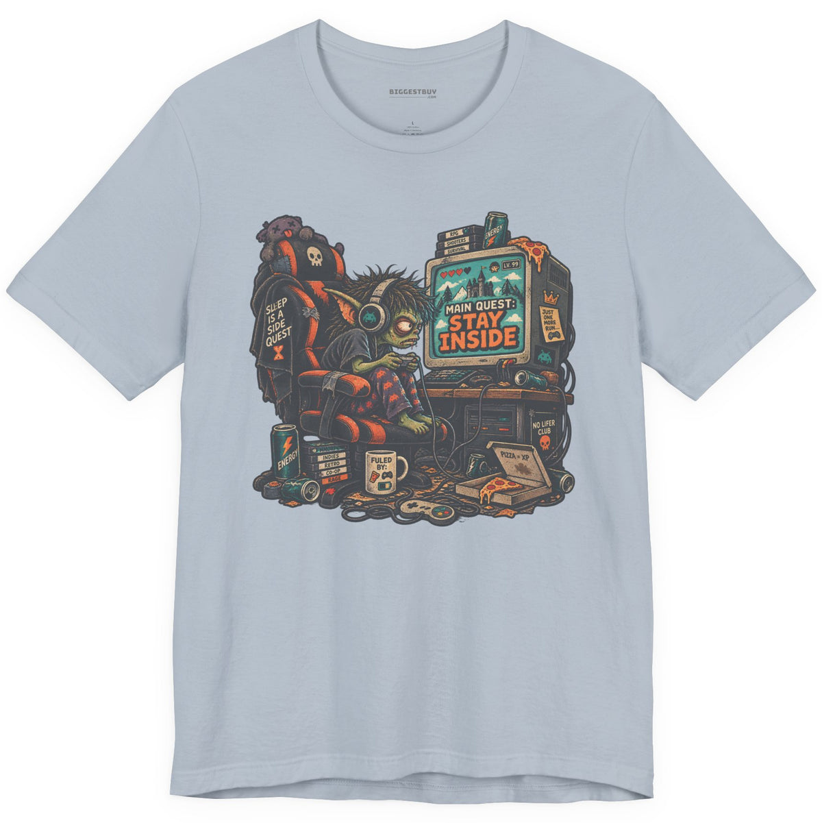 Indoor Quest - Classic Jersey Tee in Light Blue, front view