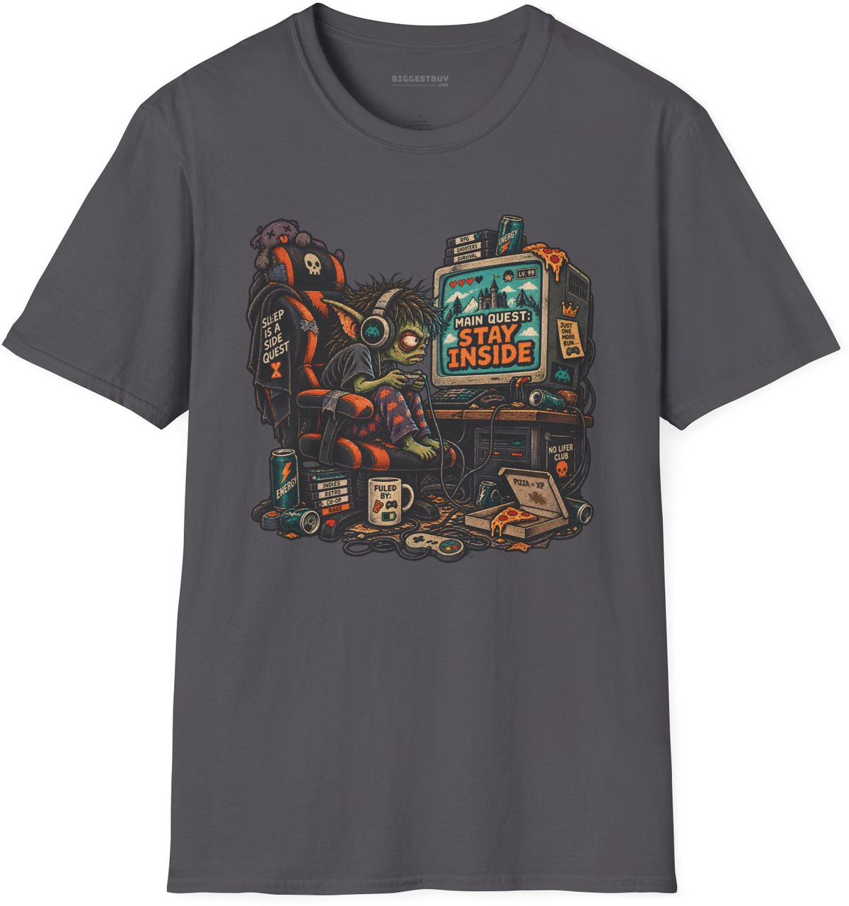 Indoor Quest - Softstyle T-Shirt in Charcoal, front view