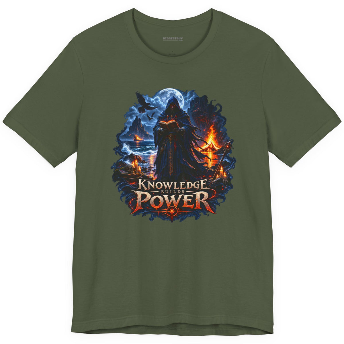 Knowledge Power - Classic Jersey Tee in Military Green, front view