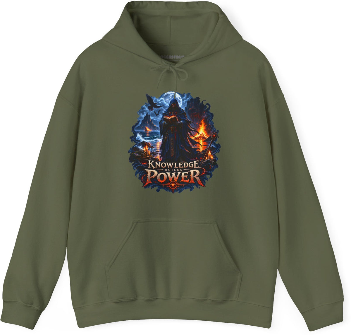 Knowledge Power - Pullover Hoodie in Military Green, front view