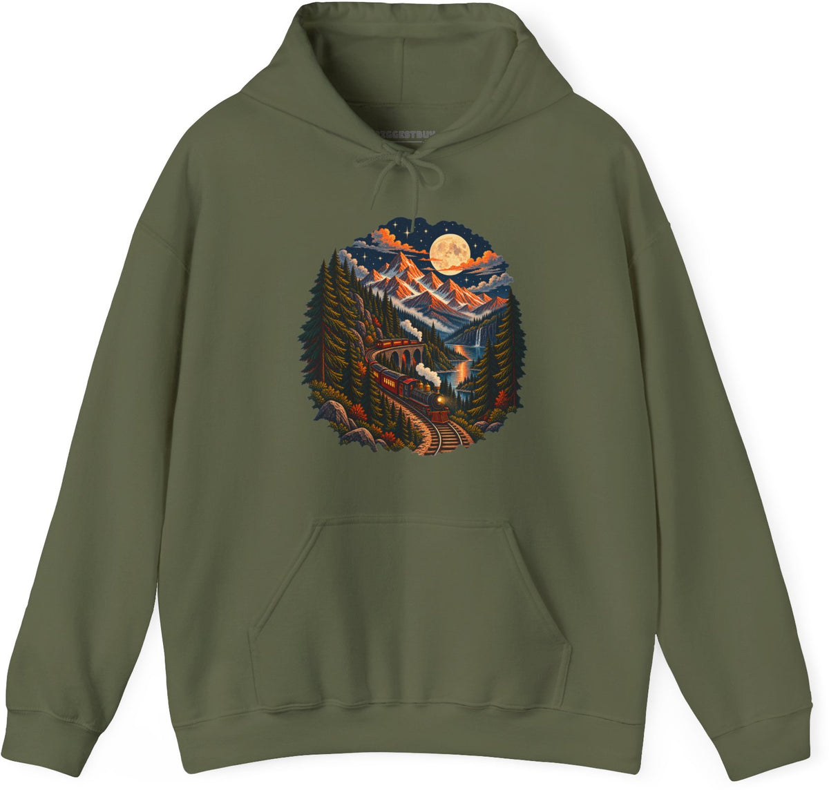 Midnight Rails - Pullover Hoodie in Military Green, front view