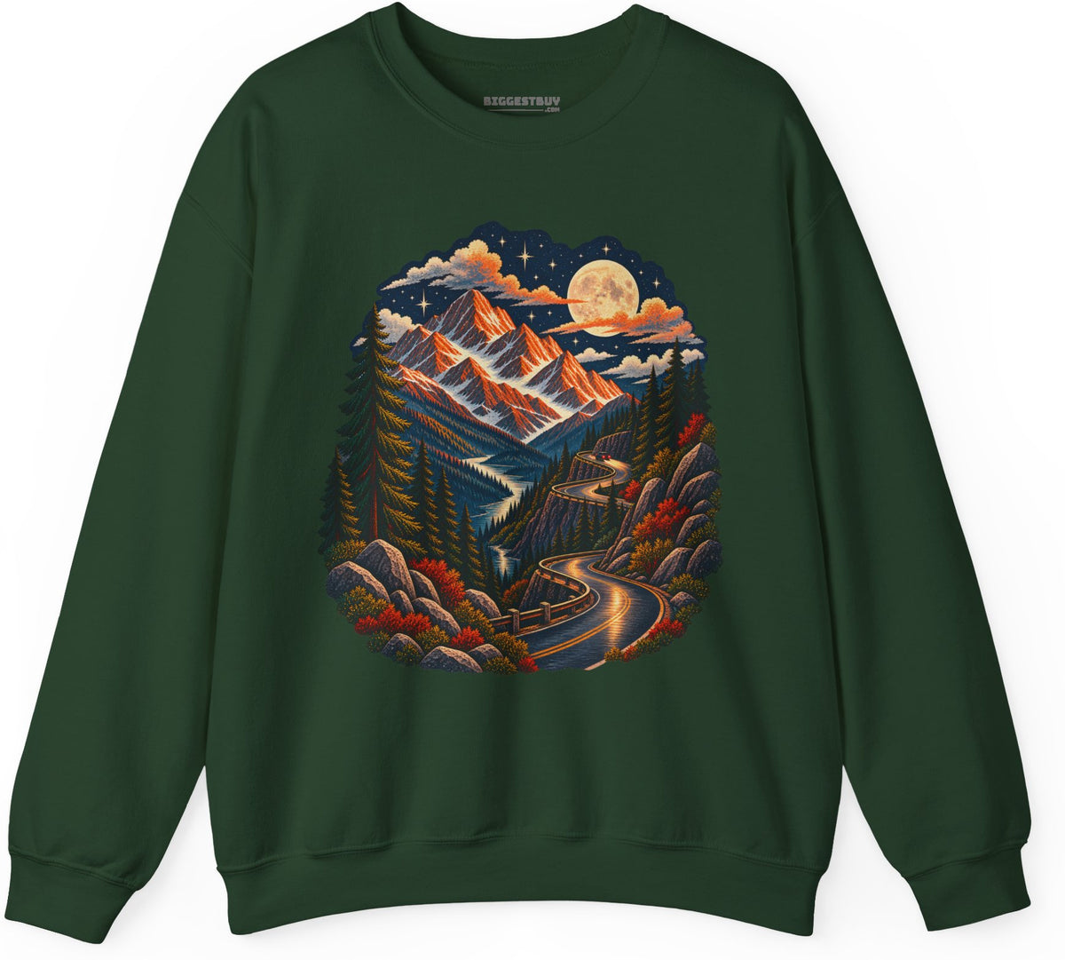 Moonlit Mountain - Crewneck Sweatshirt in Forest Green, front view