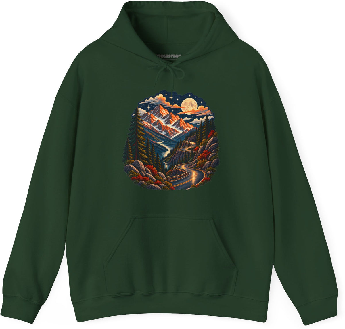 Moonlit Mountain - Pullover Hoodie in Forest Green, front view