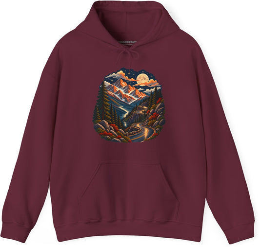 Moonlit Mountain - Pullover Hoodie in Maroon, front view